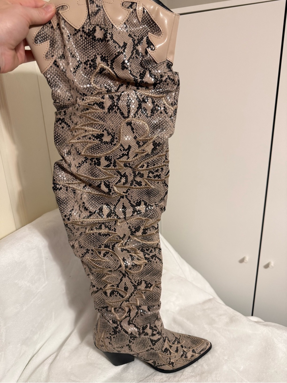 Snake-Print Tall Boot in Beige/Black - 1 Pair